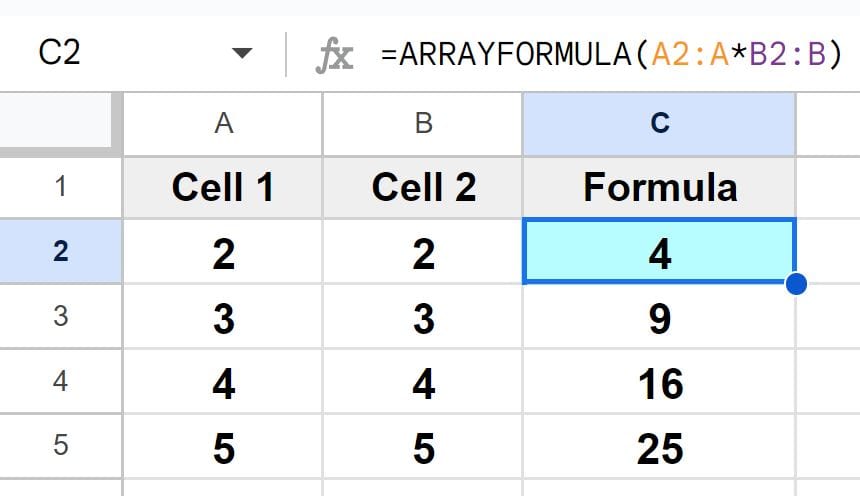 Example of How to apply a multiplication formula to an entire column in Google Sheets