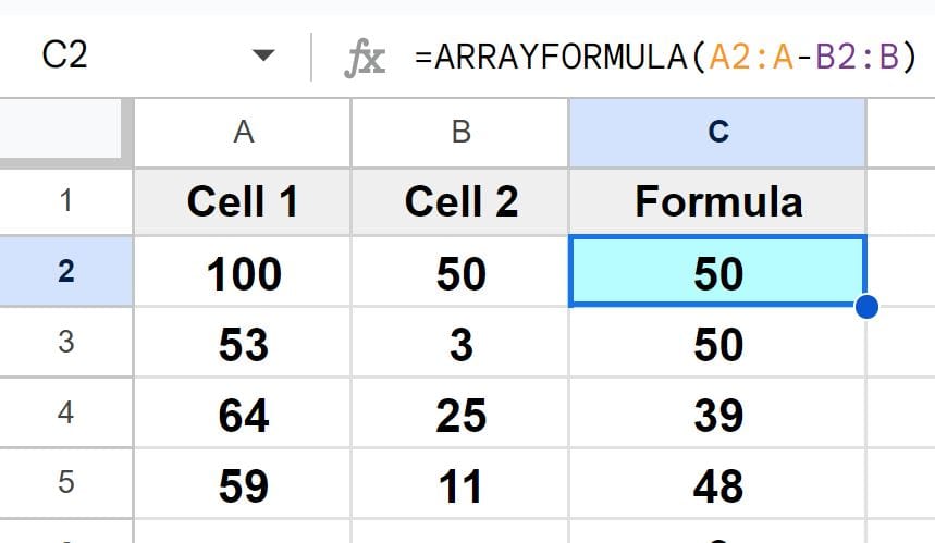 Example of How to apply a subtraction formula to an entire column in Google Sheets