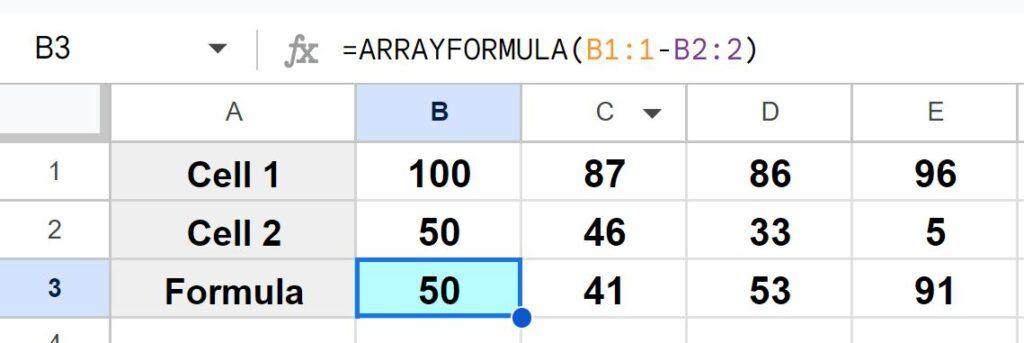 Example of How to apply a subtraction formula to an entire row in Google Sheets