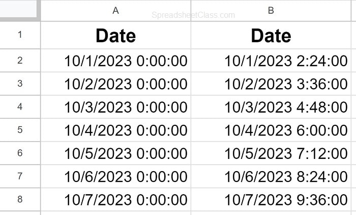 Example of How to change date format to date time format in Google Sheets column of dates in date with time format