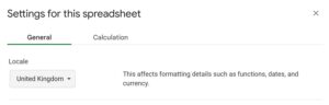Example of How to change the locale for date formats in Google Sheets setting country