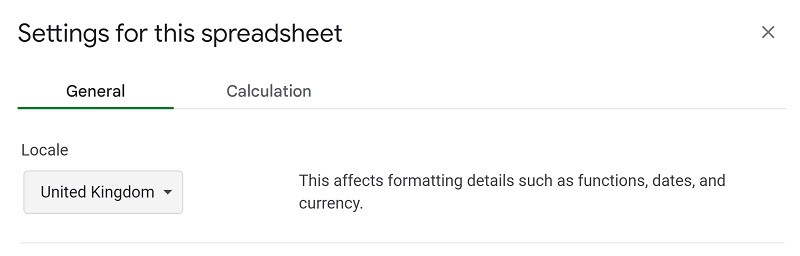 Example of How to change the locale for date formats in Google Sheets setting country