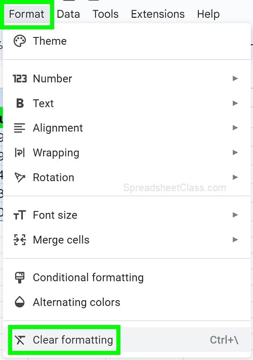 Example of How to clear formatting in Google Sheets part 3 clicking the format menu and then clicking clear formatting