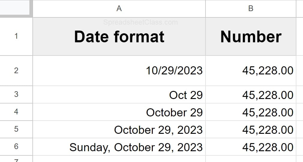 Example of How to convert dates to numbers by formatting cells as numbers in Google Sheets