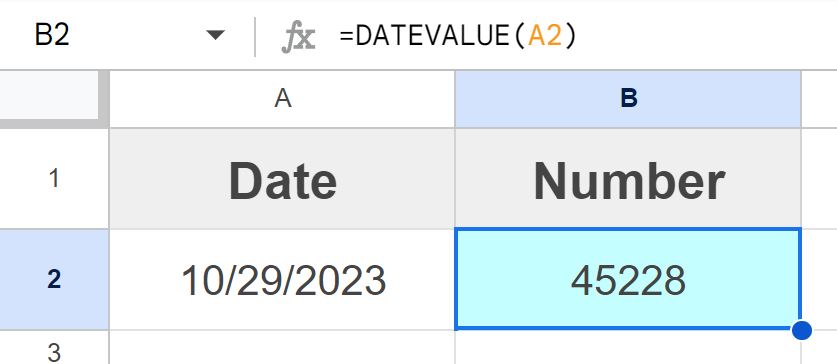Example of How to convert dates to numbers by using the DATEVALUE function in Google Sheets