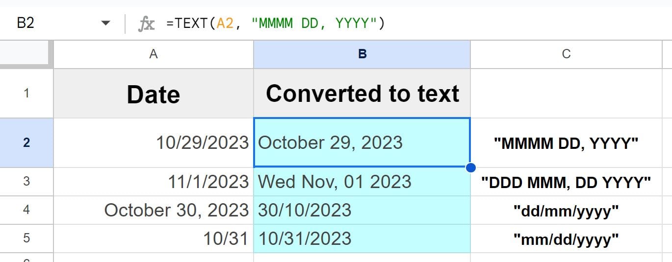 Example of How to convert dates to text in any format by using the TEXT function in Google Sheets variety of format examples