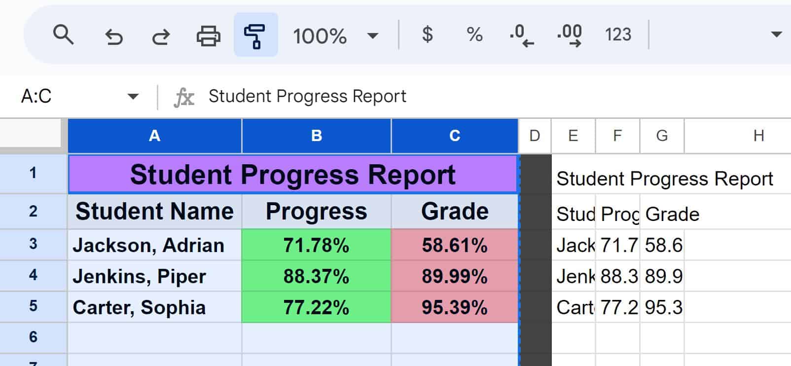 Example of How to copy formatting from one column to another with paint format columns selected and paint format button clicked