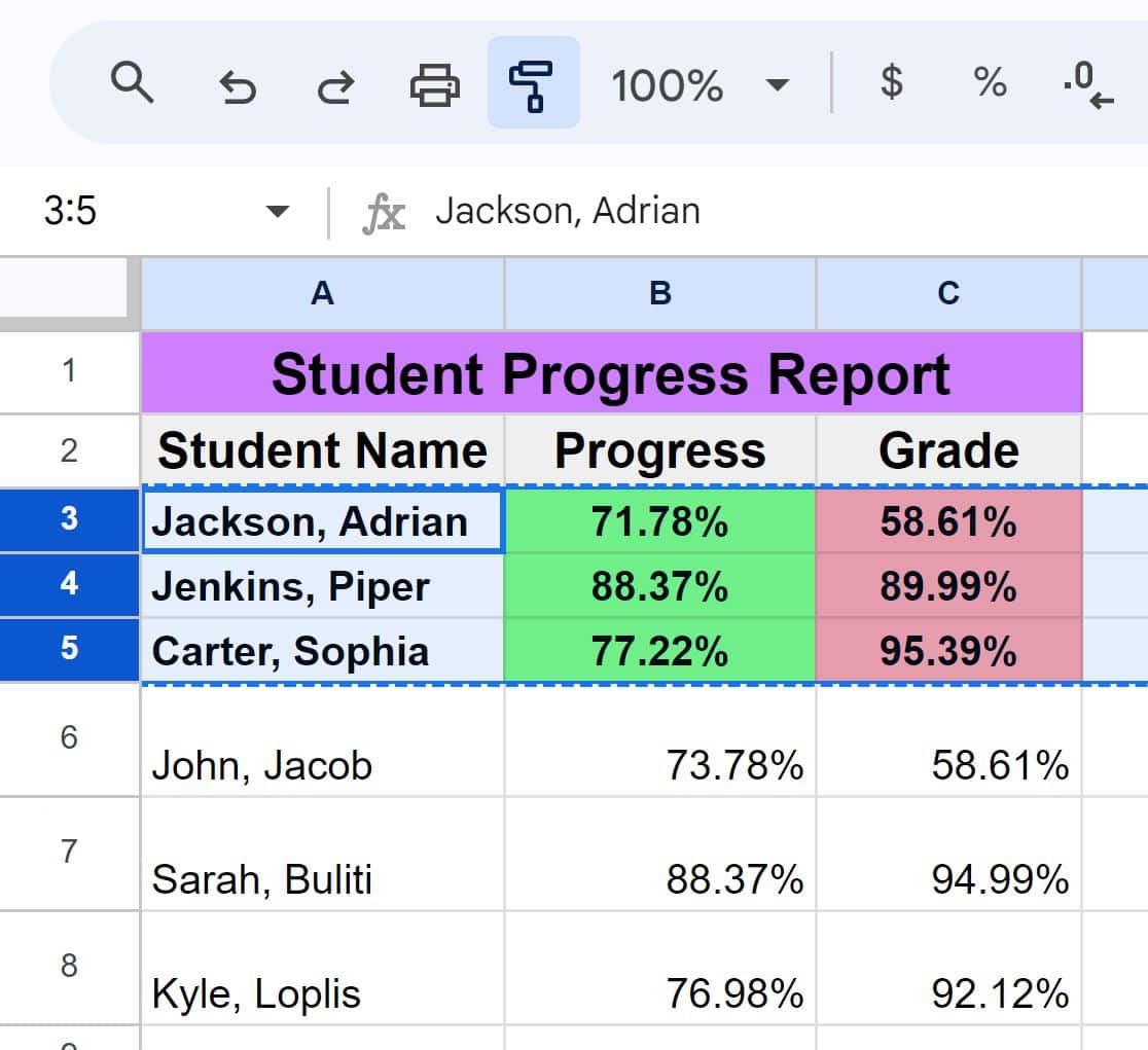 Example of How to copy formatting from one row to another with paint format rows selected and paint format button clicked