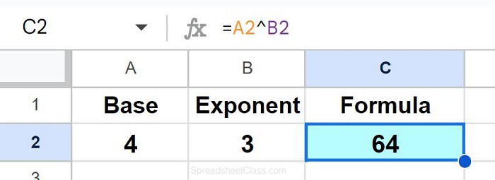 Example of How to cube or solve any exponent in Google Sheets
