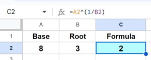 Example of How to cube root and solve any root in Google sheets by using the caret operator