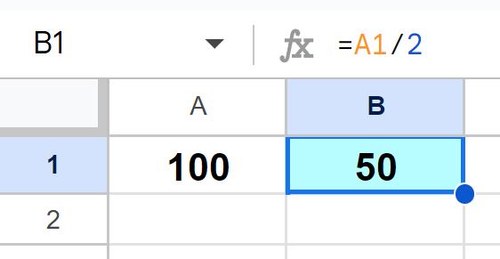 Example of How to divide in Google Sheets basic formula example with number and cell reference