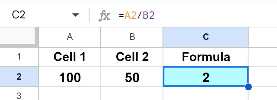 Example of How to divide in Google Sheets by using cell references
