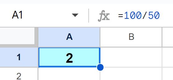 Example of How to divide in Google Sheets by using numbers