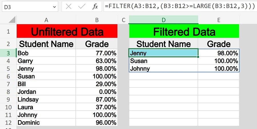 Example of How to filter to display the largest values such as top 10 in Excel