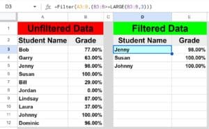 Example of How to filter to display the largest values such as top 10 in Google Sheets