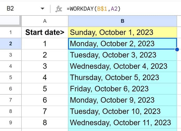 Example of How to get a list of dates without weekends with the WORKDAY function in Google Sheets
