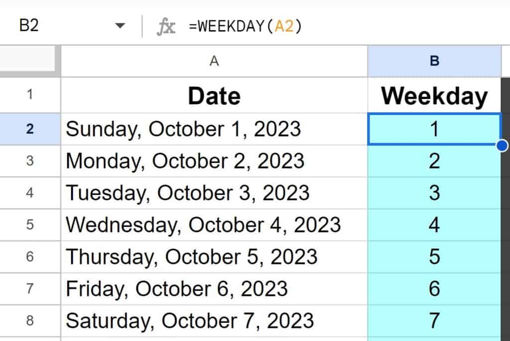 Example of How to get dates without weekends with the WEEKDAY and FILTER functions part 1 in Google Sheets getting day of week