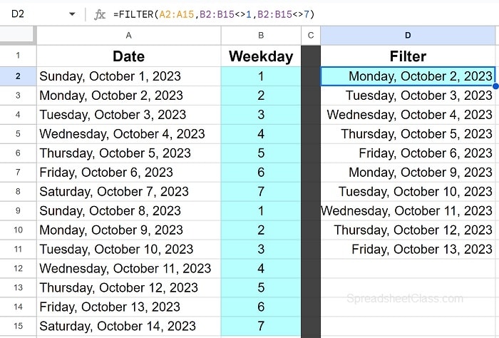 Example of How to get dates without weekends with the WEEKDAY and FILTER functions part 2 in Google Sheets filtering out the weekends