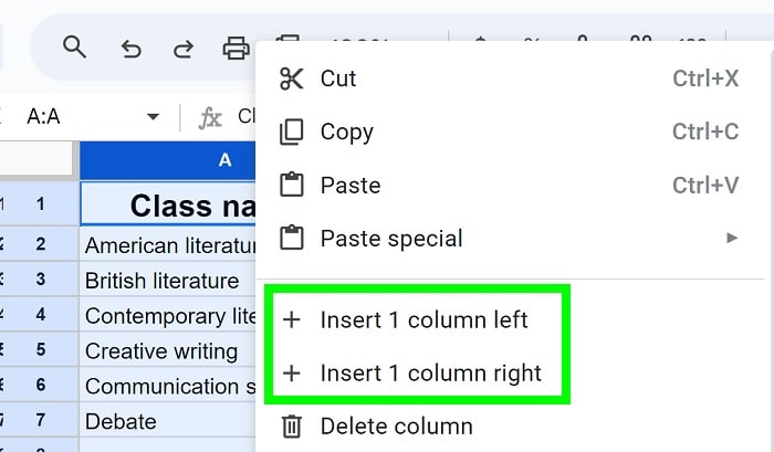 Example of How to insert a single column to the left or right in Google Sheets