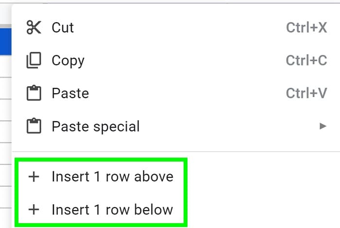 Example of How to insert a single row above or below in Google Sheets