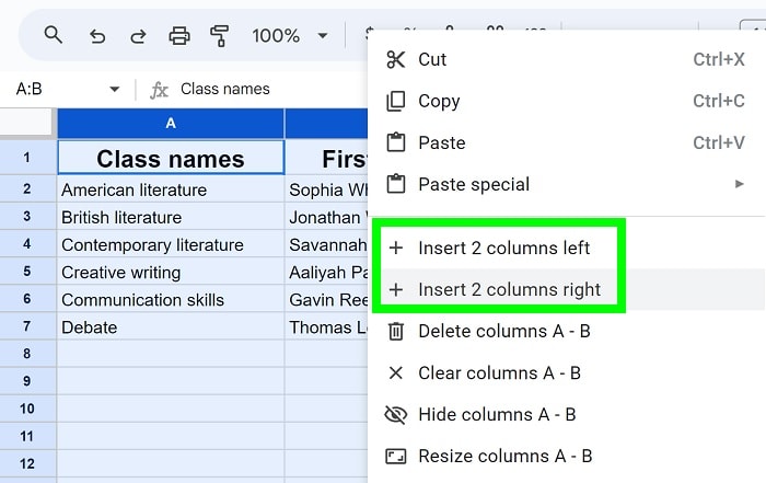 Example of How to insert multiple columns in Google Sheets