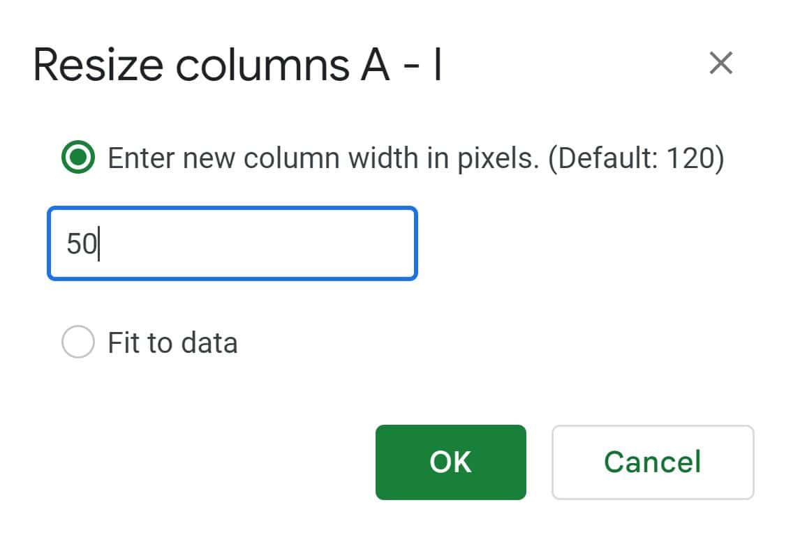 Example of How to make cells square in Google Sheets part 1 resizing column width to match row height