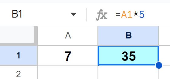 Example of How to multiply in Google Sheets basic formula example with number and cell reference
