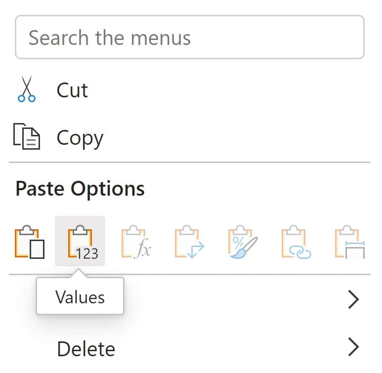 Example of How to paste values only in Excel by using the paste options menu