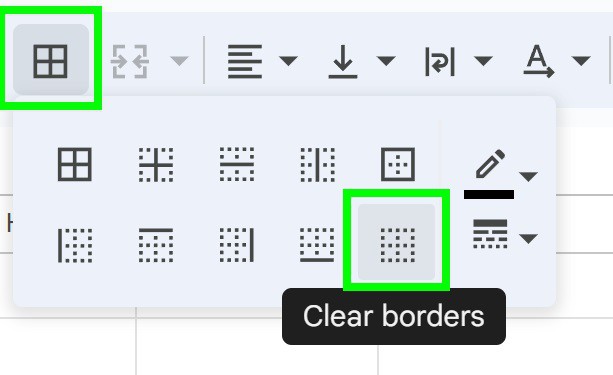 Example of How to remove borders in Google Sheets clicking Clear borders