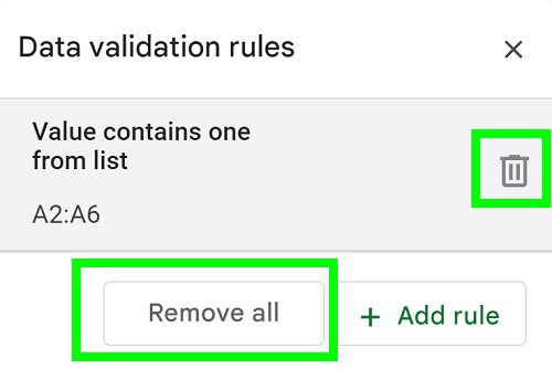 Example of How to remove data validation and drop down menus in Google Sheets removing data validation rules