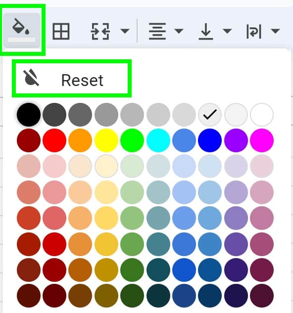 Example of How to reset fill color in Google Sheets clicking Reset