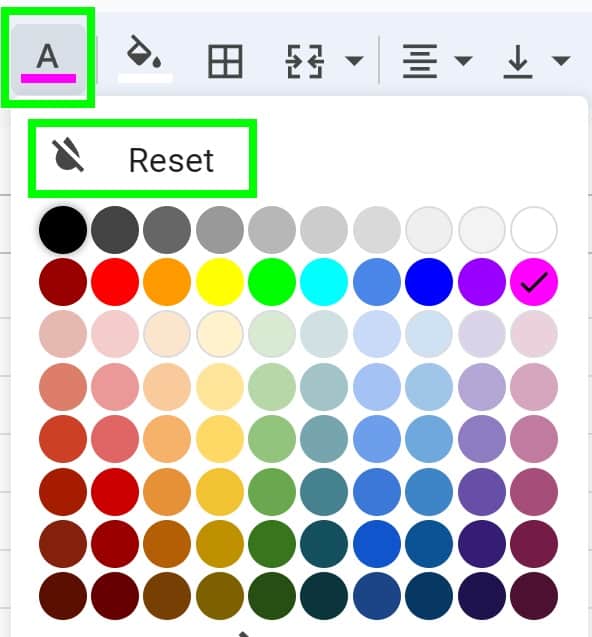 Example of How to reset text color in Google Sheets clicking Reset