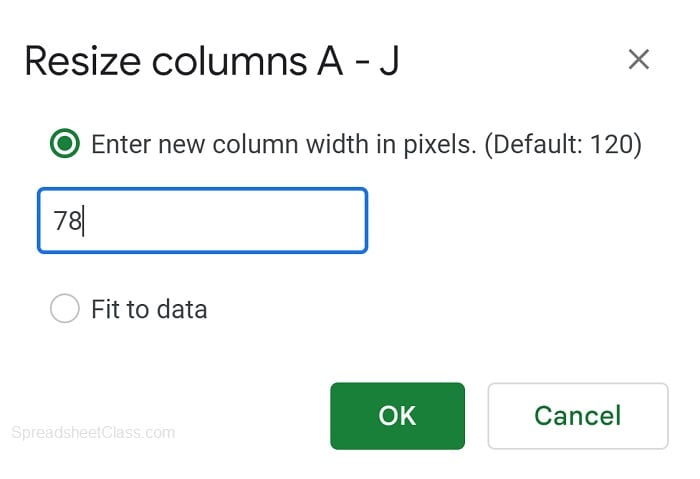 Example of How to resize columns precisely in Google Sheets to make cells the exact same size