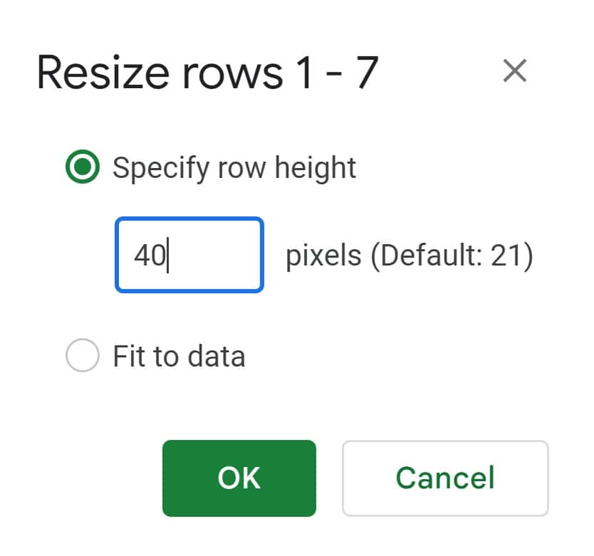 Example of How to resize rows precisely in Google Sheets to make cells the exact same size