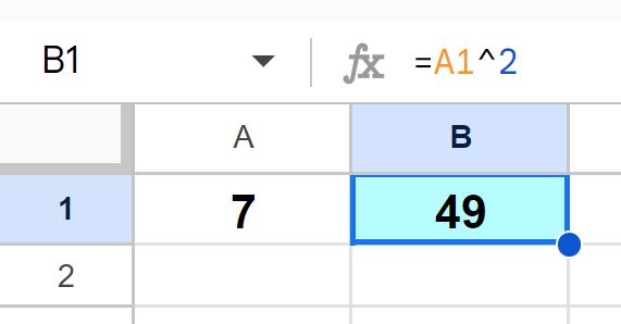 Example of How to square and solve exponents in Google Sheets example using caret operator