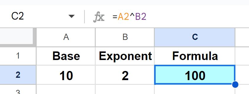 Example of How to square by using cell references in Google Sheets