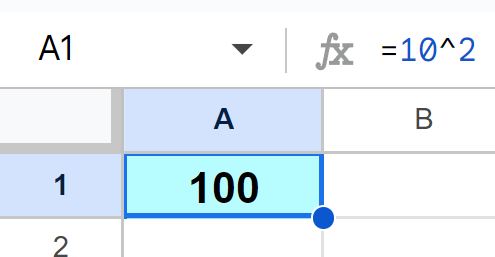 Example of How to square numbers in Google Sheets