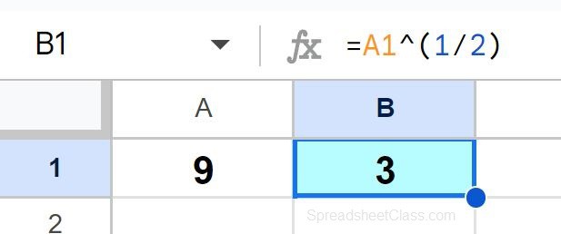 Example of How to square root and solve roots in Google Sheets with the caret operator