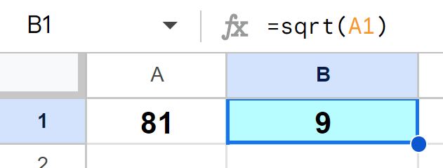 Example of How to square root in Google Sheets by using a cell reference with the SQRT function