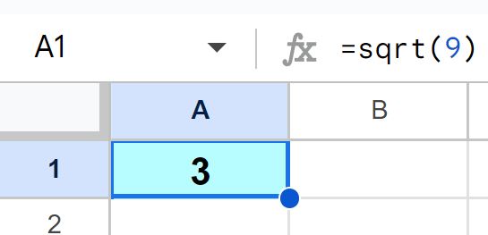 Example of How to square root numbers in Google Sheets