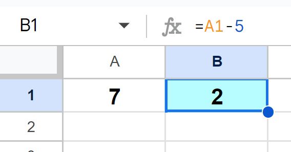 Example of How to subtract in Google Sheets basic formula example with number and cell reference