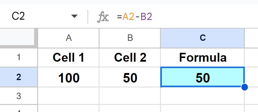 Example of How to subtract in Google Sheets by using cell references