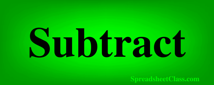 Lesson on How to subtract in Google Sheets subtract numbers cells columns and rows top image by SpreadsheetClass.com