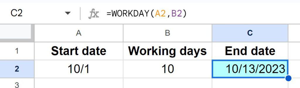 Example of How to use the WORKDAY function in Google Sheets to get date after x many workdays