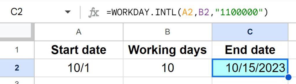 Example of How to use the WORKDAY.INTL function in Google Sheets to get date after x many workdays