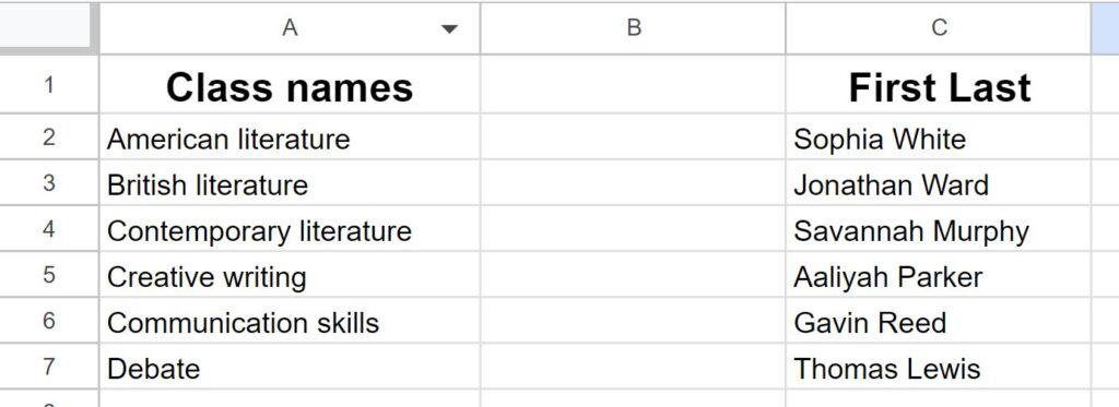 Example of Insert new columns in specific locations in Google Sheets