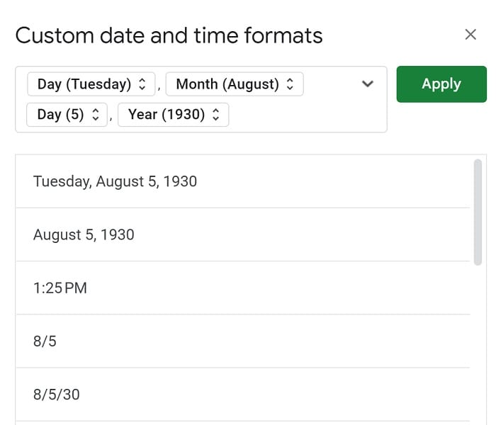 Example of How to use custom date formats in Google Sheets custom date and time formats menu