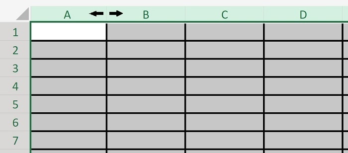 Example of Selection of multiple columns in Excel- Cursor hovering at the top of column before resizings