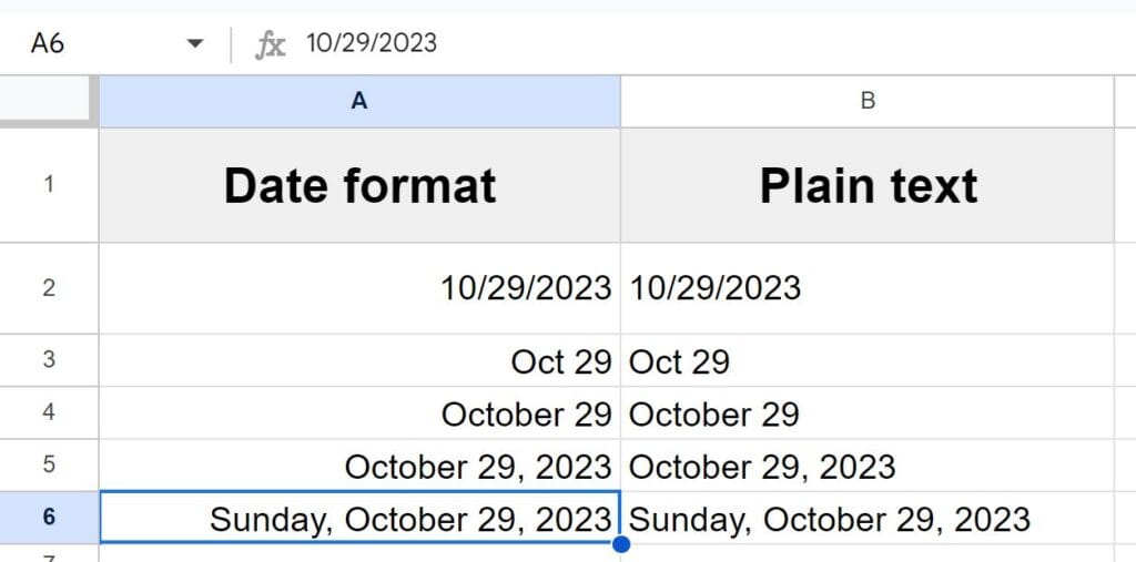 Example of Converting dates to text by formatting the cells as plain text in Google Sheets variety of format examples