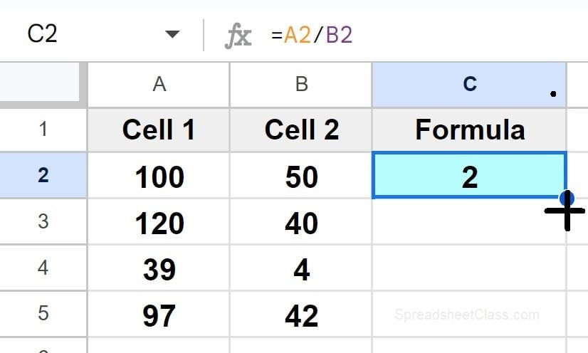 Example of Copying division formula down the column with autofill part 1 initial formula and fill handle showing